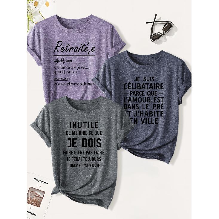 3 Pack of women's summer tops | French Retirement Humor Print T Shirt | Cute and trendy casual round-neck short-sleeve suit | 2026 Summer vintage