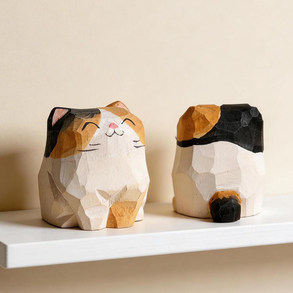 Hand Carved Wooden Cat Figurine Cute Kitten Statue Home Desktop Decor Calico Orange Cat Ragdoll Bombay Cat Miniature Craft Gift