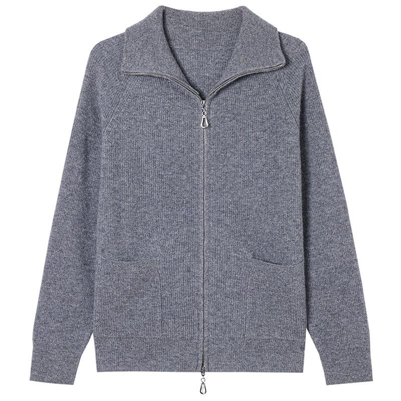 Women's Pure Wool Zipper Cardigan - Autumn/Winter Loose Lapel Knitwear for Middle-Aged Mothers
