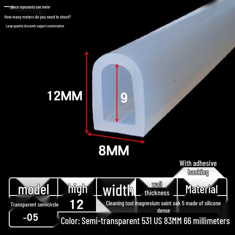 D-shaped High-Temperature Silicone Seal, Semi-Circular Hollow Strip, Self-Adhesive Solid, Odorless Transparent.