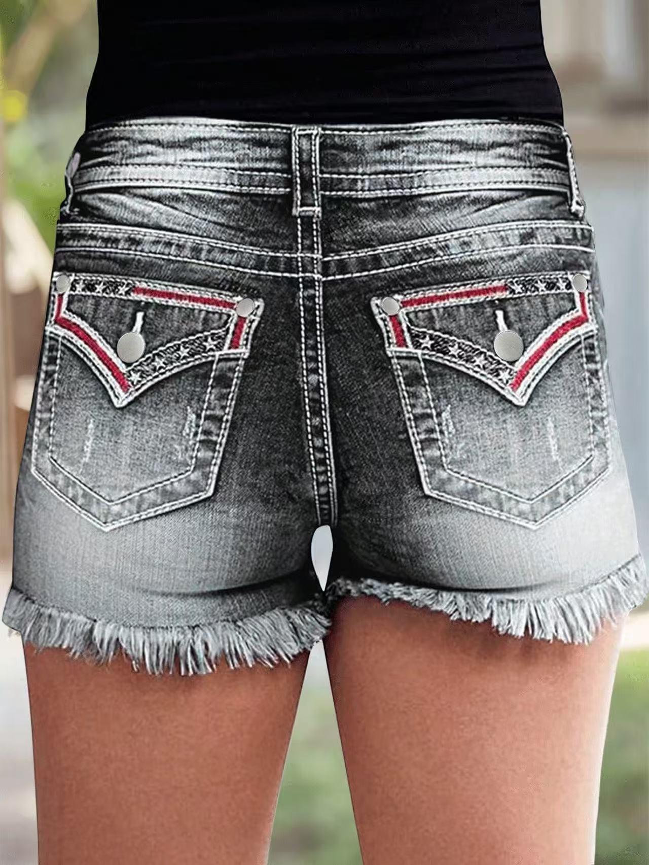 New Women s Fashion Tassel Perforated Denim Shorts S