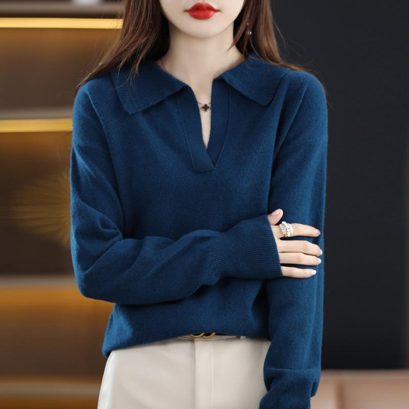 Women's Loose Polo Sweater: 100% Wool Knitwear with Soft Feel, Ideal for Autumn/Winter As Base Layer, Pure Wool Collar.