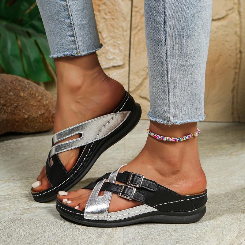 Sexy Metal Buckle Decoration Cross Strap Slides Women 2025 Summer Mix Color Wedge Heels Slippers Silver Soft Sole Beach Sandals
