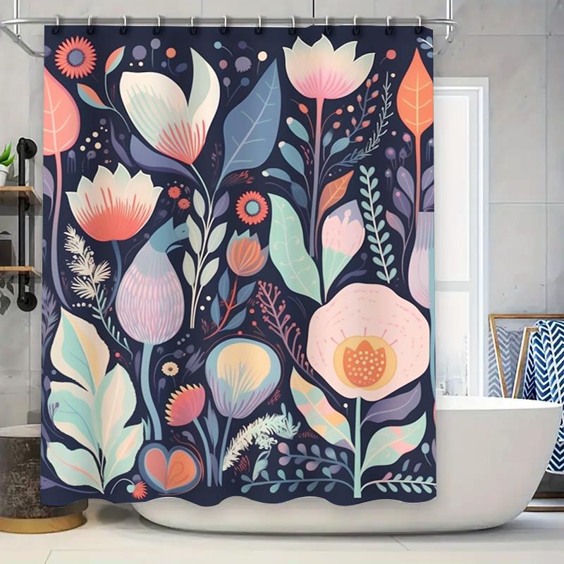 

Chic Floral Shower Curtain Set Bold Navy Blue Soft Pastel Decorative Bath Fabric for Bathroom Modern Print Curtains with Hook Ri 90x180cm