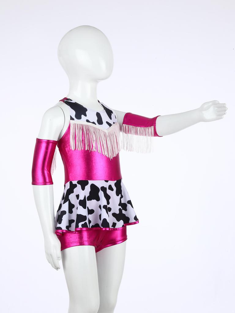 Girls Cowgirl Costume for Cosplay Party Metallic Gloss Cross Back Straps Fringed Dress with Built-in Shorts