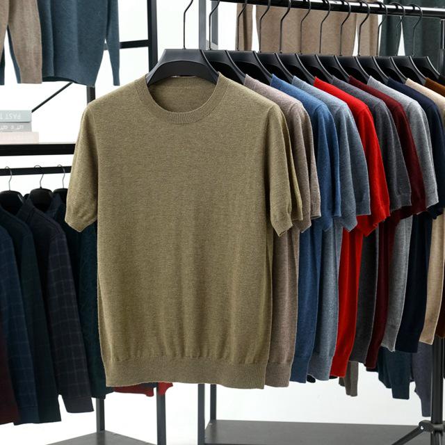 Men's High-Quality Short-Sleeved Knitted Wool Sweater for Spring/Summer