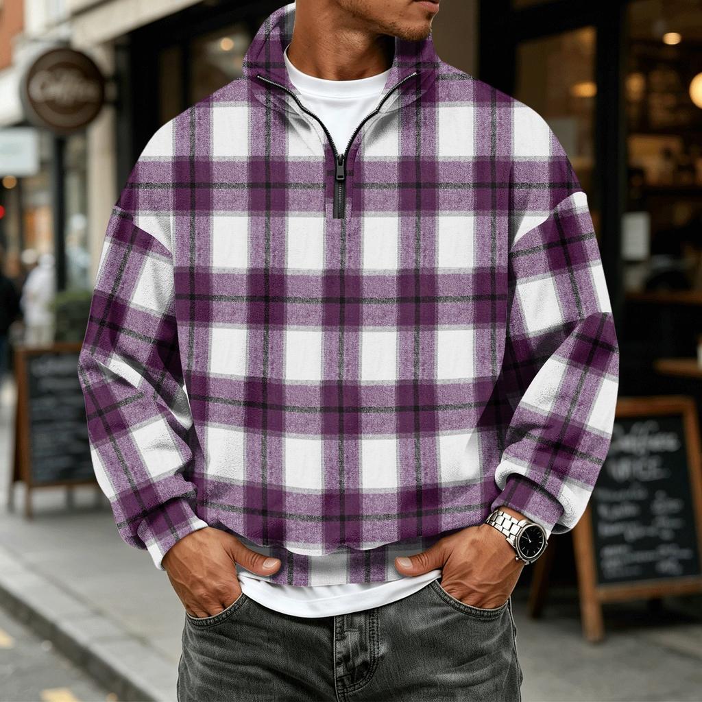 Men's Plaid Quarter-Zip Long Sleeve Flannel Sweatshirt Casual