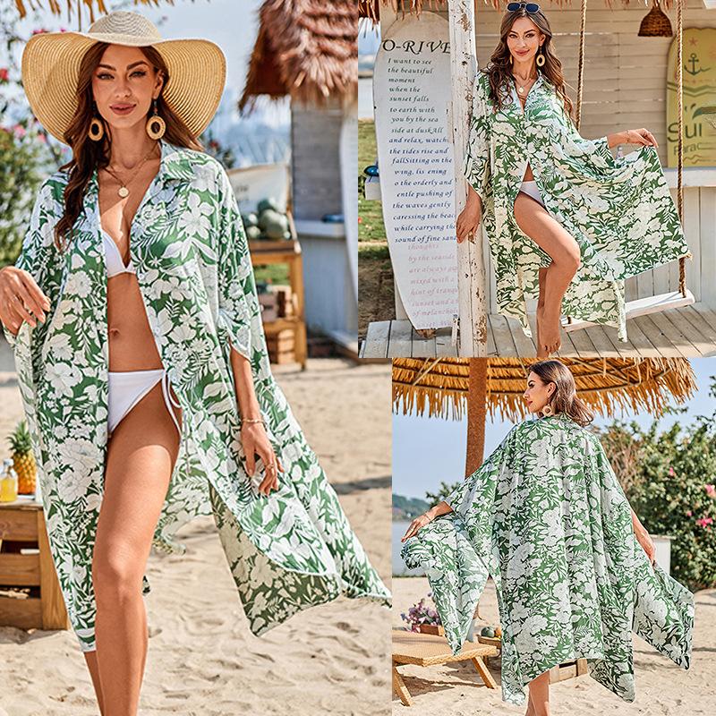 Printed Shirt Beach Jacket Bikini with Sun Protection Cardigan Vacation Swimsuit Blouse