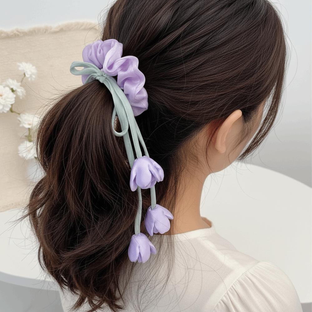 Long Streamer Bell Orchid Scrunchie Fairy Style Bell Flower Ponytail Holder  Birthday Gift