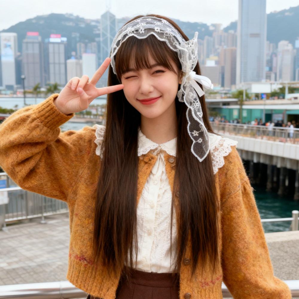 Douyin Lace Bow Headband Long Straight Wig for Girls - Black Full Cover Hairstyle