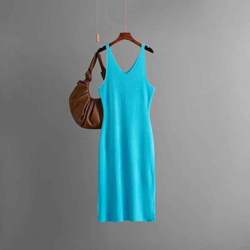 

Fashion New Fashion Sexy V Neck Sleeveless Knitted Bra Top Dress Sexy V-neck Knit Dress Lake Blue One size