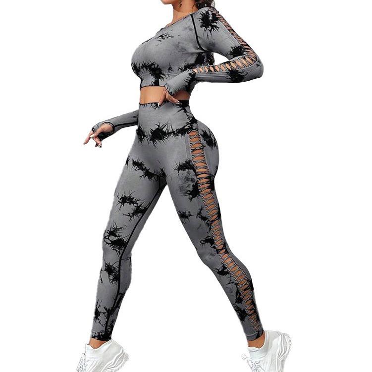 European American Tie-Dye Butt-Lift Yoga Set: Long Sleeve, Seamless Fitness Clothing with Hollow Out Design