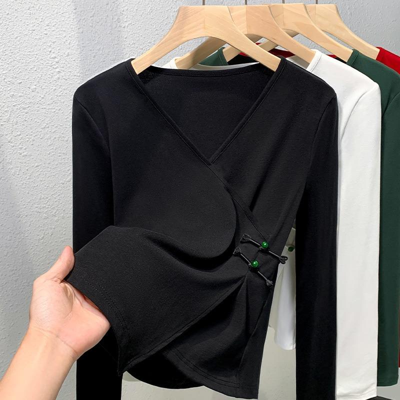 Solid Color Long-sleeved V-neck Cotton Shirt Women's New Autumn Thin Inner Bottoming Shirt Irregular Design Top