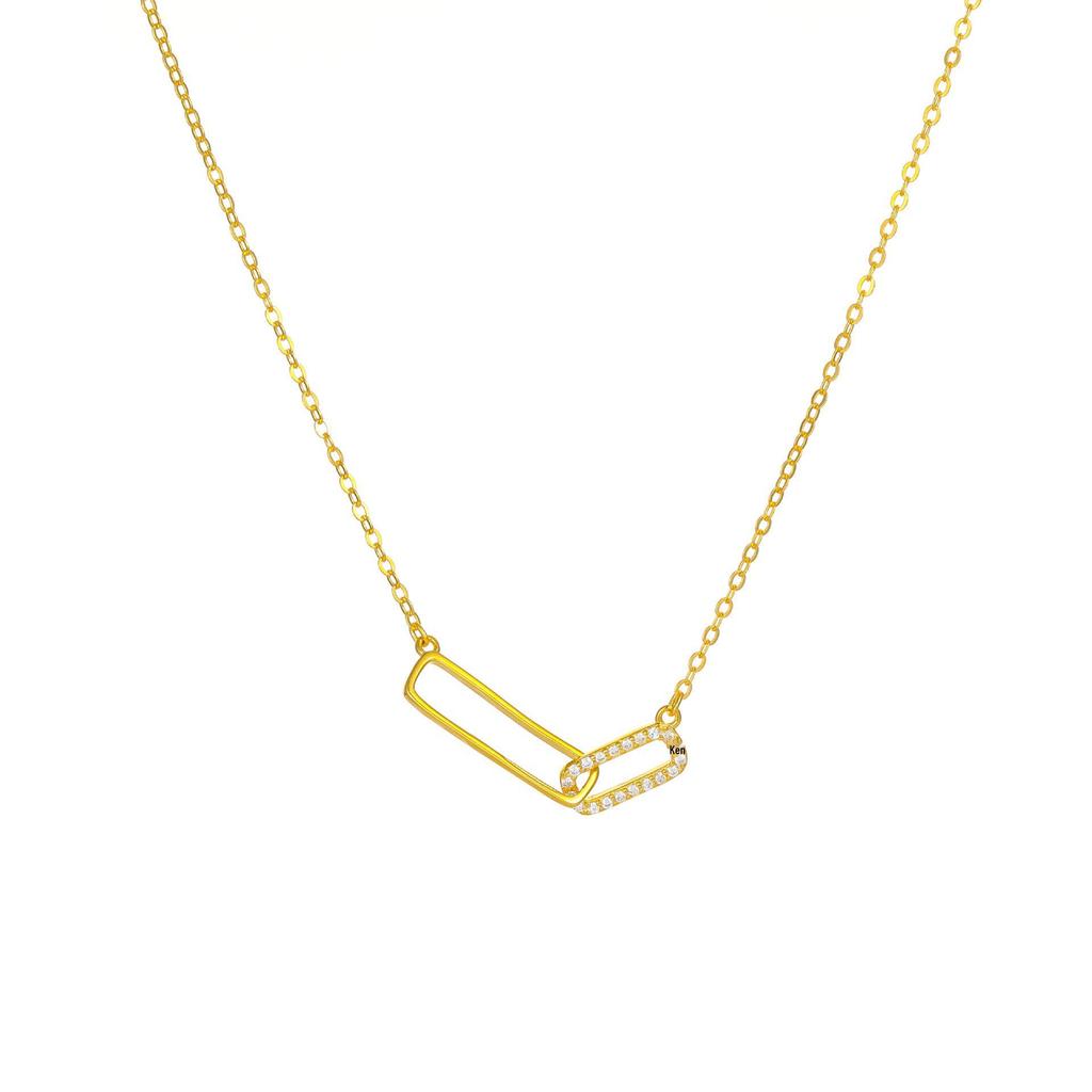 18K Gold & S925 Sterling Silver Interlocking Ring Necklace with Paperclip Chain - Women's High-End Design
