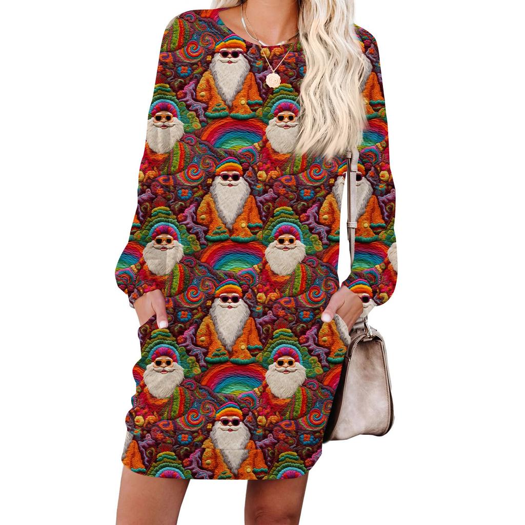 Damska modna sukienka z długim rękawem, z okrągłym dekoltem i kieszenią, w nadruk płatków śniegu