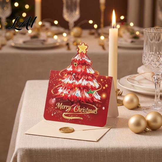 Folded Xmas Cards with Envelopes 10 Pcs 3D Christmas Tree Greeting Cards Holiday Postcards Decorative Bulk for New Year Winter Party Supplies