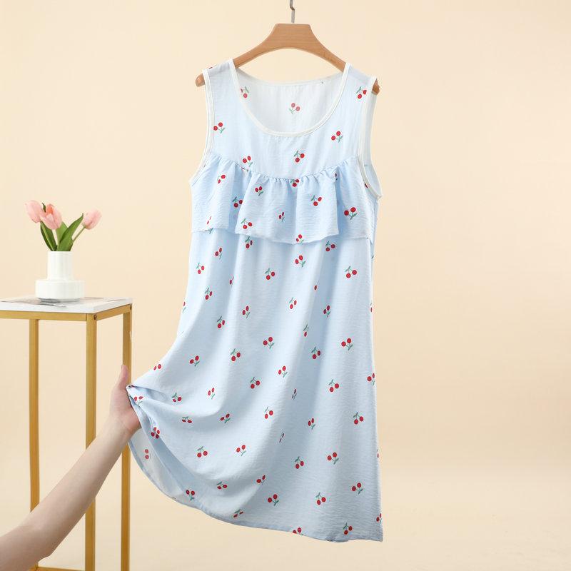 Summer Women's Floral Tank Dress Sleeveless Sleepdress Cloud Silk Cotton Anti-Bulge Camis Nightdress Loose Plus Size Loungewear Casual Wear Nightgown