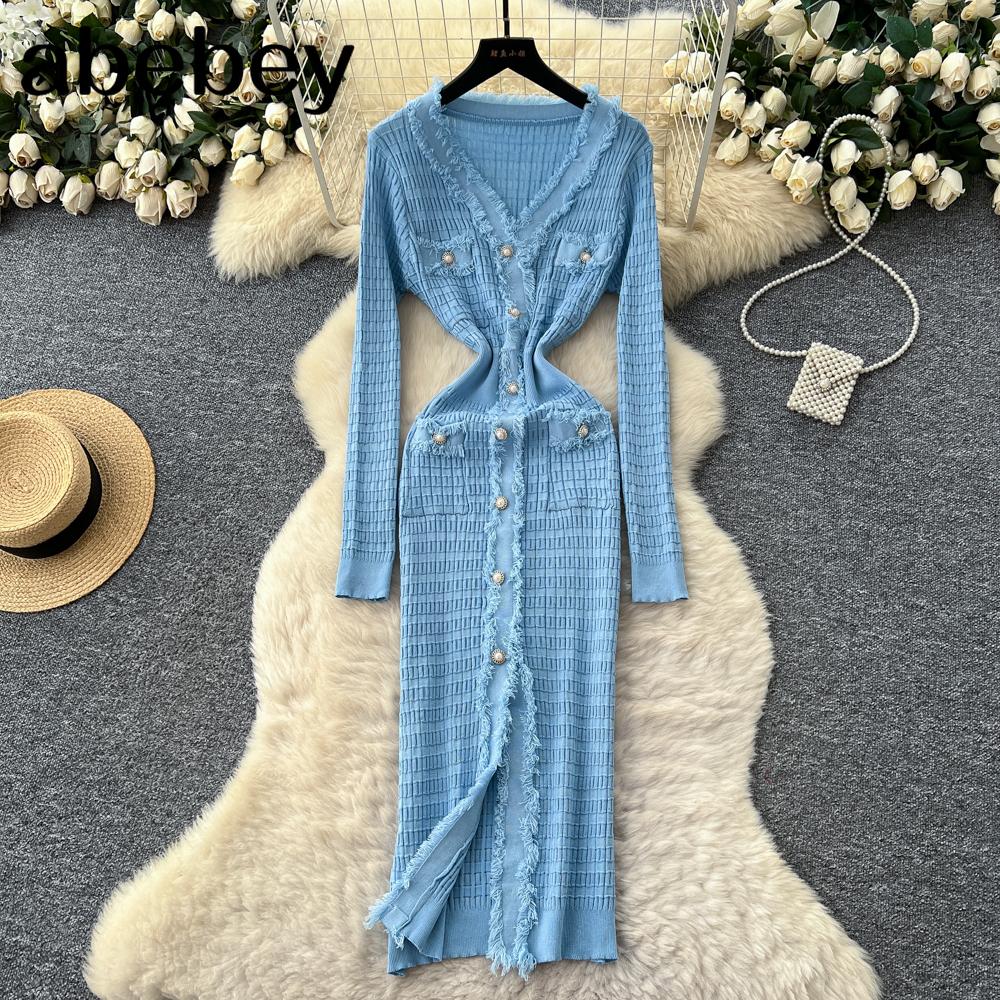 Neue Damenkleider Herbst Winter Vintage Patchwork Strick-Midikleid Elegant V-Ausschnitt Damen Rüschenhemd Pulloverkleid