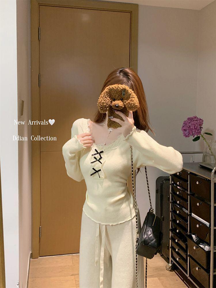 Korean Lace Patchwork Knitted Slim-fit Sweater for Women - 2025 Autumn/Winter Trendy Top