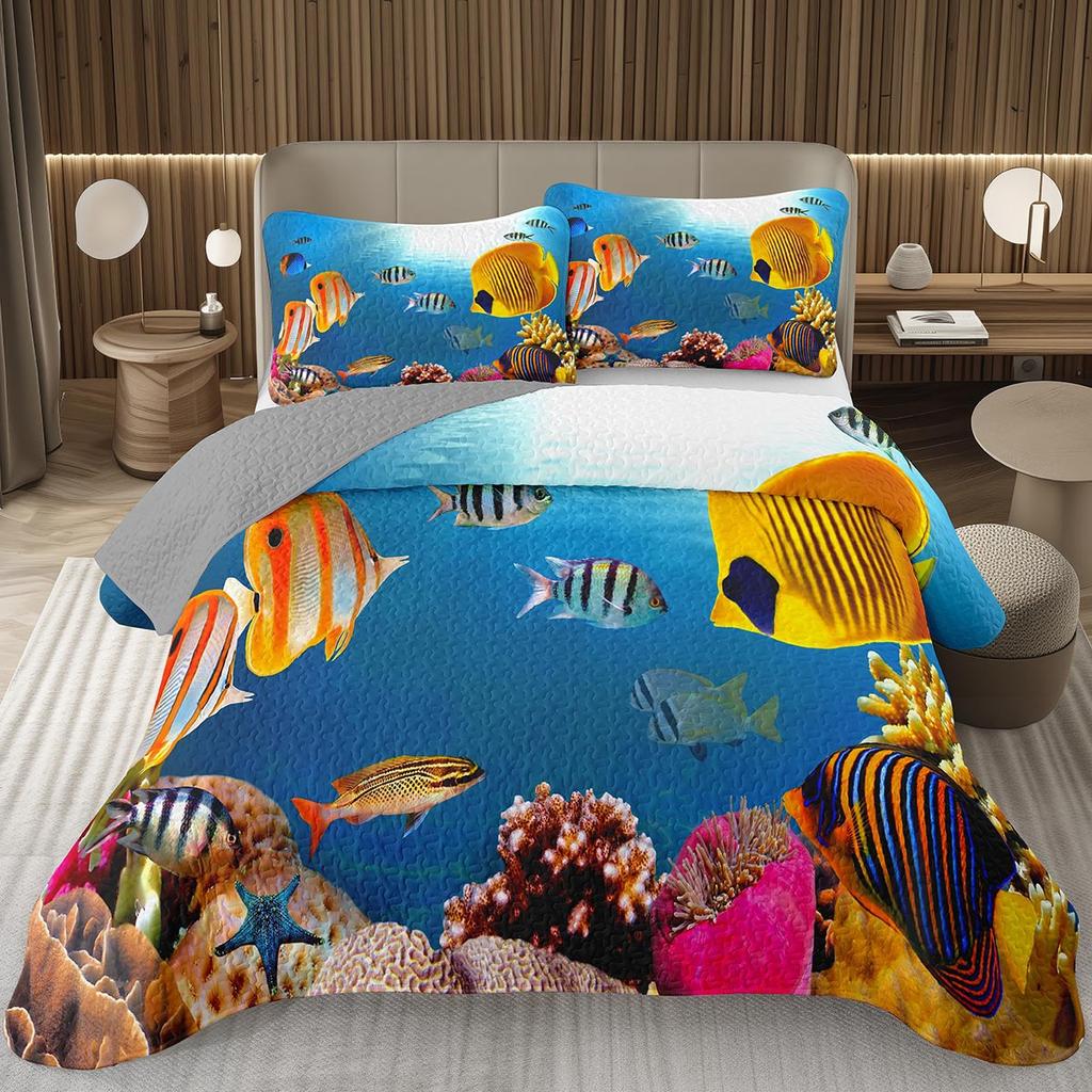 Fish Bedspread Twin Queen Ocean Marine Theme Coverlet Set for Boys Girls Teens Room Soft Lightweight Sea Animal Quilted Bedding