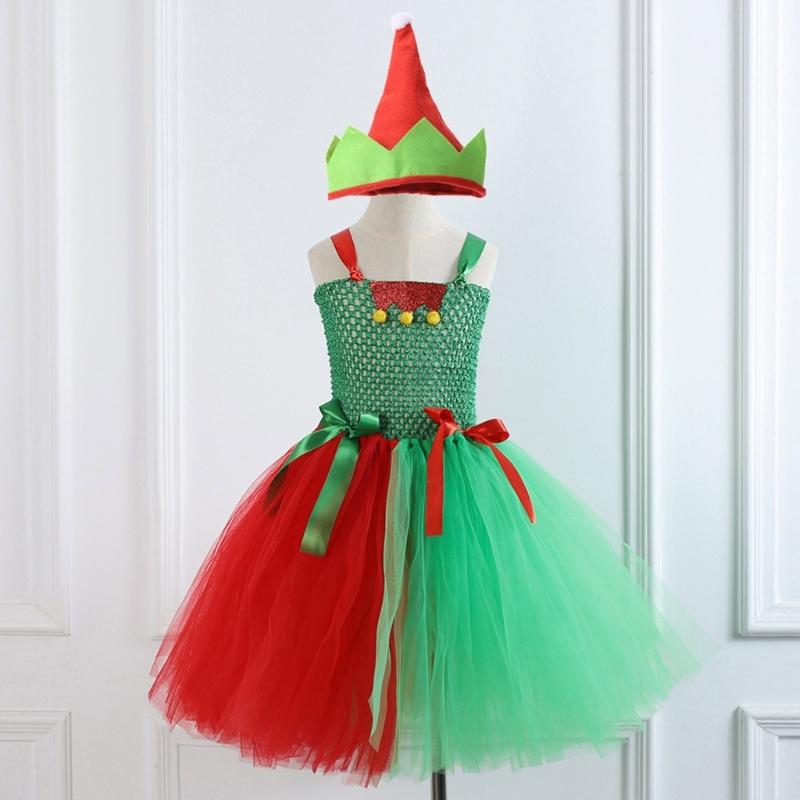 Kinder Weihnachten Elf Kostüm Zubehör für Mädchen 2-12 Weihnachten Geburtstag Fotografie Enthält Kleid und Weihnachtsmütze