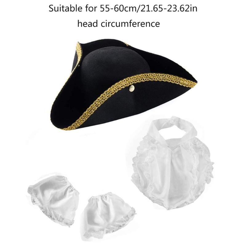 Black Pirate Hat Colonial Tricorn Hat with Gold Trimming White Cuffs Apron Set Halloween Costume Hat Funny Party Hat