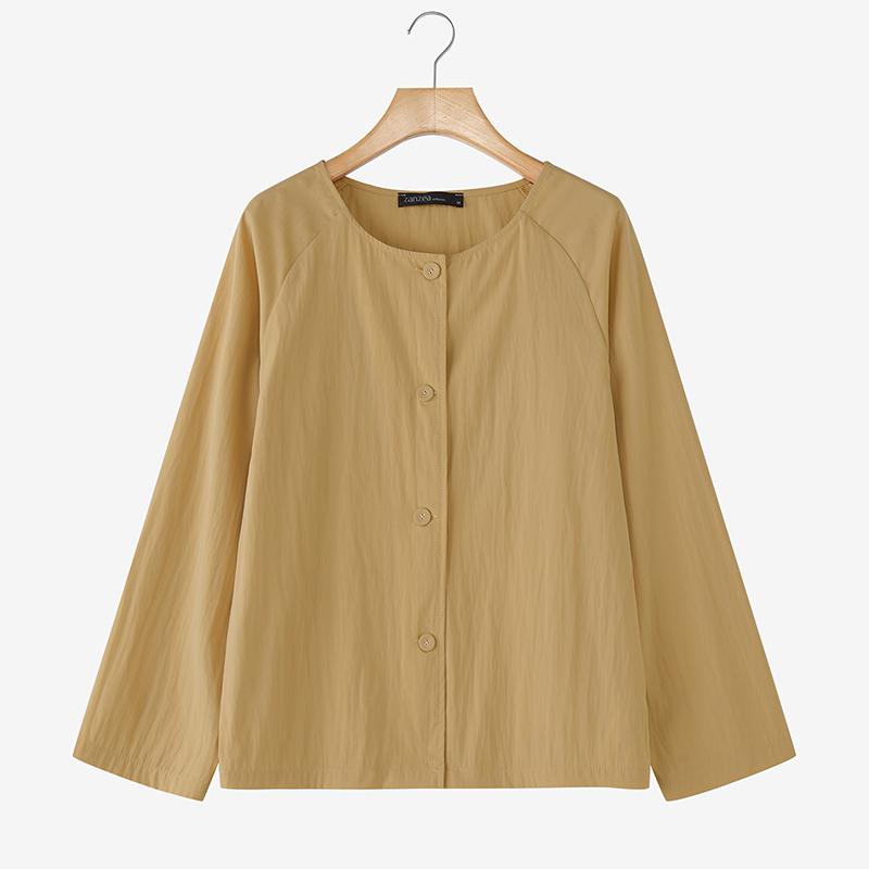 

ZANZEA Женская повседневная однотонная блузка с круглым вырезом и длинным рукавом 5XL хаки