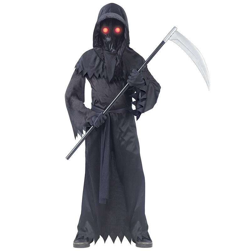 Unisex Children Mysterious Horror Grim Reaper Costume With Glowing Red Eyes And Scythe For Halloween Fun