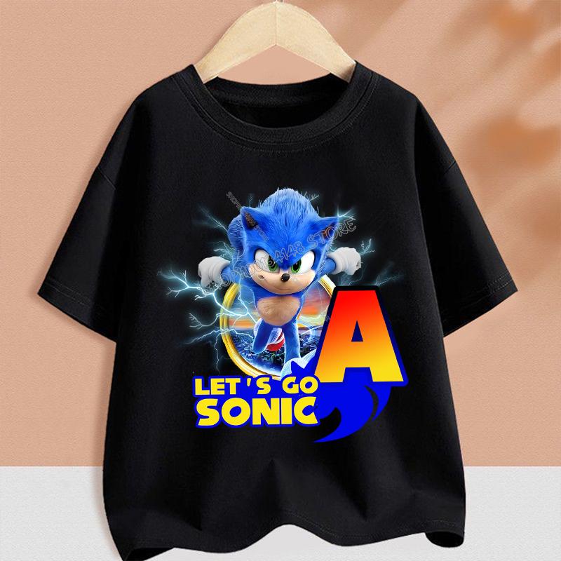 Sonics T-shirt for Children Cartoon A-Z Letter Tee Top Round Collar Clothing Summer Short Sleeve Kids Anime Partern Clothes Gift