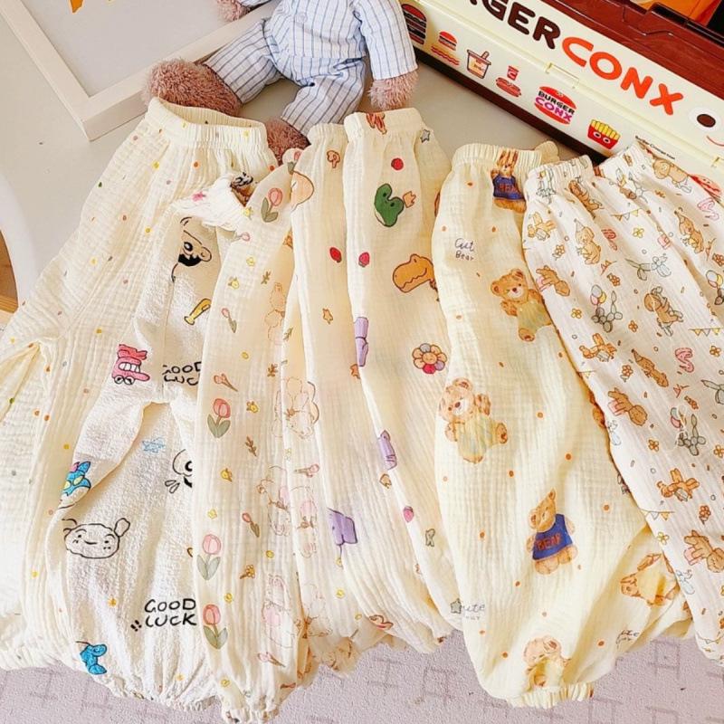 Kids Summer Cotton Double Layer Gauze Mosquito Pants Boys Girls Cartoon Breathable Thin Air Conditioning Casual Trousers