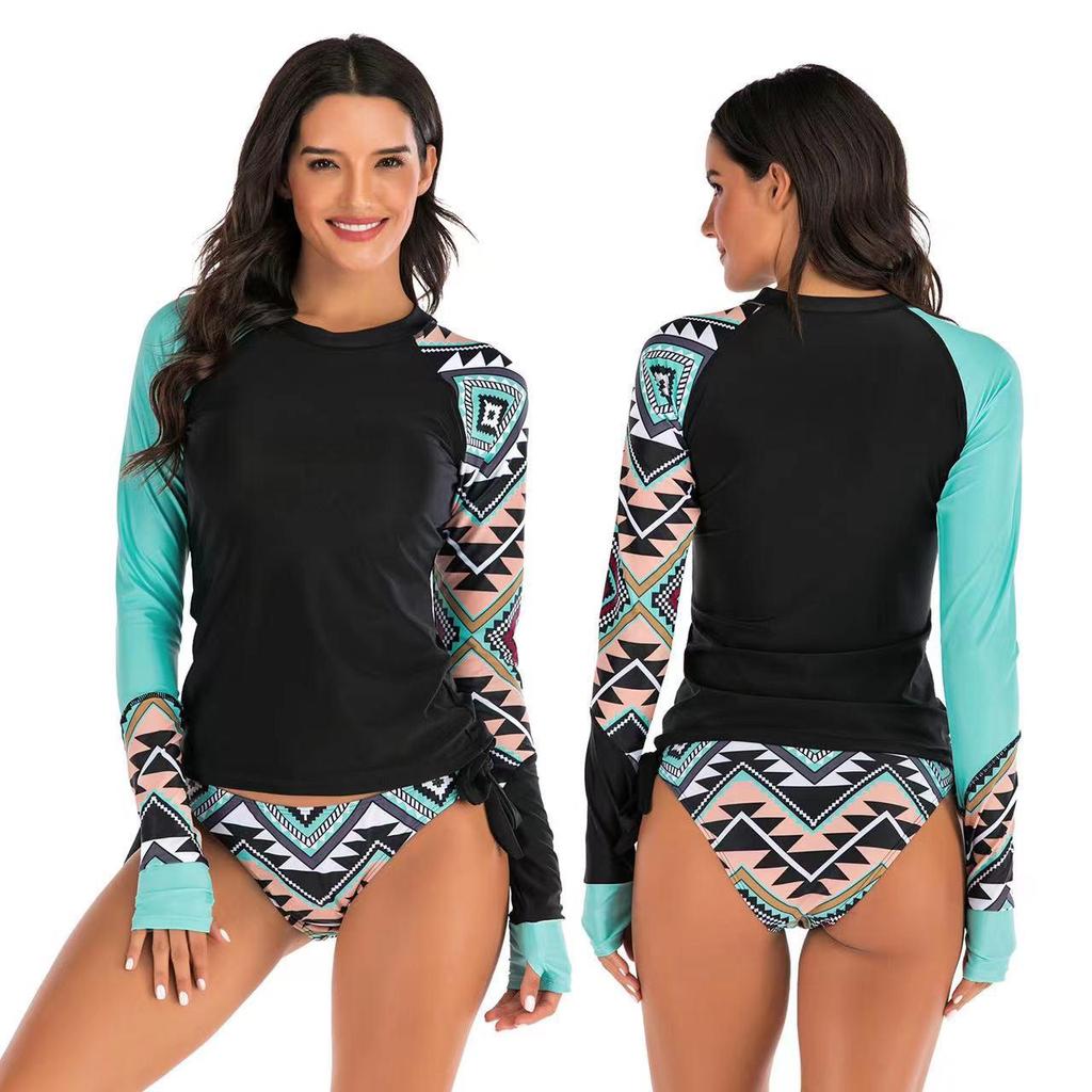 2024 Geometric Pattern Long-Sleeve Triangle Shorts Two-Piece Surf Suit