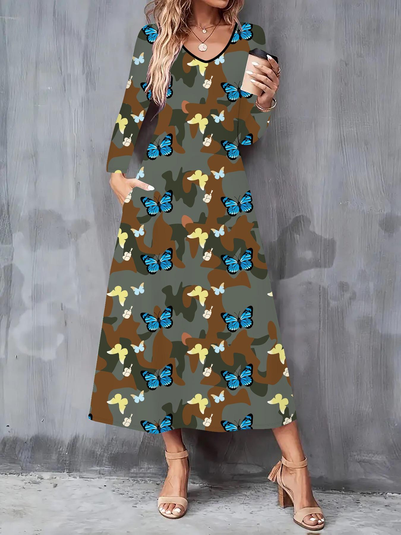 

2025 Осінньо-зимовий новий жіночий повсякденний модний плаття 3D принт метеликів Довгий рукав V-подібний виріз А-силует сукні XXL зелений