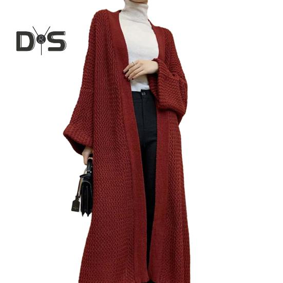 

Весенне-осенний женский свободный длинный свитер, пальто с длинным рукавом, однотонный, до щиколотки, с открытой передней частью, вязаный кардиган, верхняя одежда