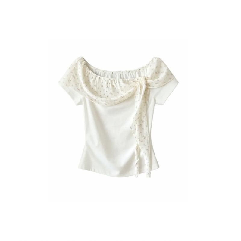 Gentle Wind Floral Mesh Yarn Streamer One-word Collar Temperament Short-sleeved T-shirt Summer Sweet Wind Slim-fitting Beautiful Small Top