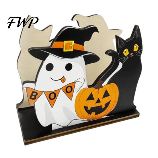 Holiday Party Supplies Halloween Wooden Napkin Holder, Cute Black Cat Mummy Pumpkin Reusable Wood Craft Desktop Organizer for Party, Spooky