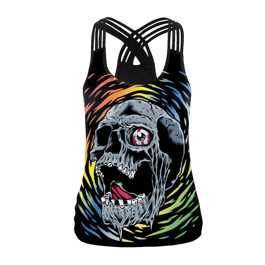 Women's Sleeveless V Neck Tank Top Digital Print Cross Strap Back Design Casual Summer Blouse Lightweight Breathable Fabric