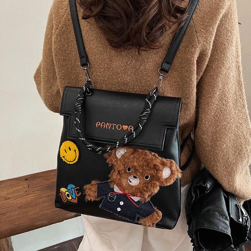American Retro College Style Embroidered Badge Backpack Women's 2025 New Large-capacity Trend Bear Briefcase