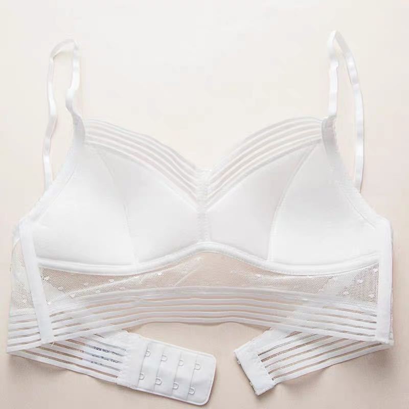 Women Bra See-through Mesh Back Closure Striped Spaghetti Strap Breast Support Padded U-shaped Back Brassiere Inner Wear Clothes