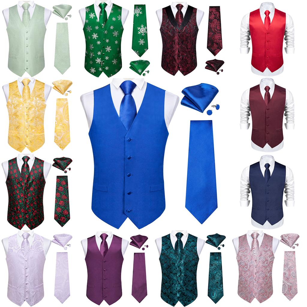 Herren-Graue Paisley-Weste aus Seide, schmaler Hochzeitsanzug, Weste, Einstecktuch, Manschettenknöpfe und Krawatte