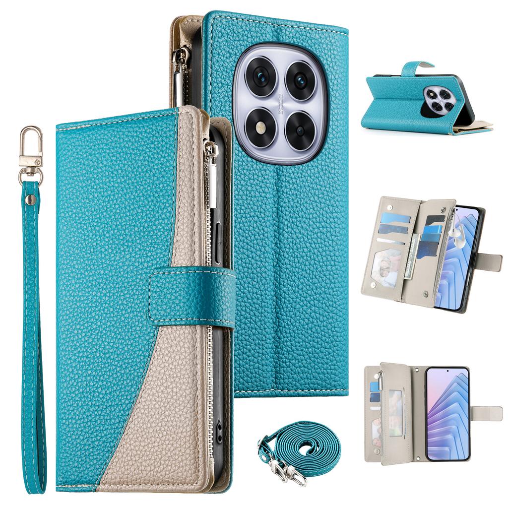 For Xiaomi Redmi Note 14 Pro 5G Case Zipper Wallet Color Splicing Leather Flip Phone Cover with Straps