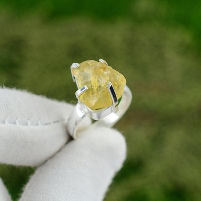 Natürlicher Citrin Rohstein 925 Silber Statement Ring Größe 7.5 Für Mädchen