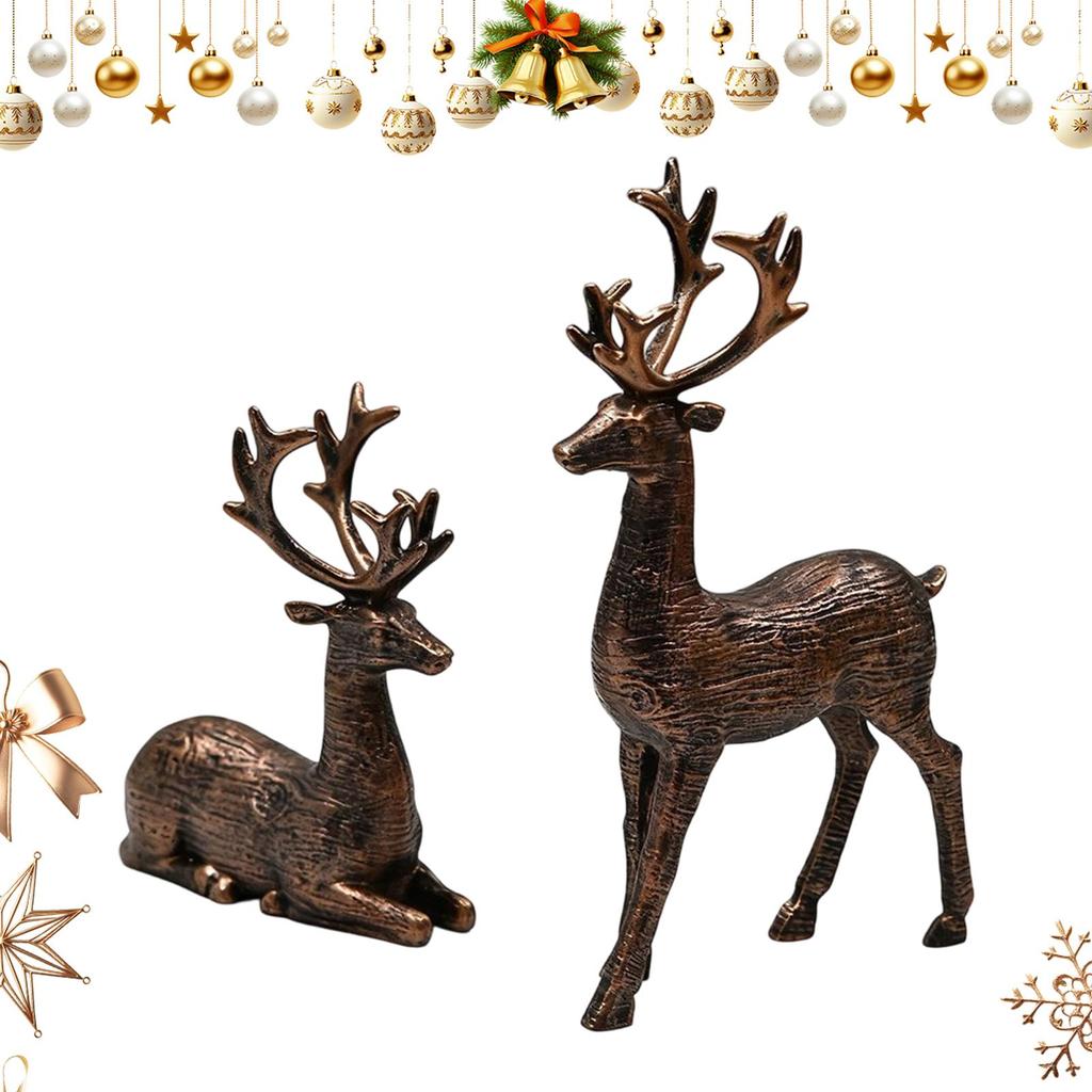 2PCS Retro Copper Reindeer Christmas Decoration Resin Christmas Reindeer Statues Standing and Sitting Deer Ornaments Home Decor