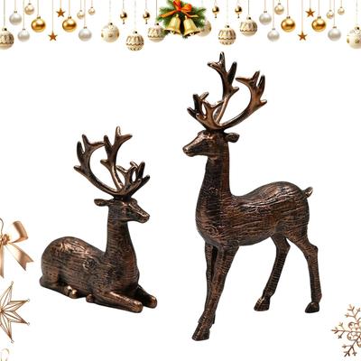 2PCS Retro Copper Reindeer Christmas Decoration Resin Christmas Reindeer Statues Standing and Sitting Deer Ornaments Home Decor