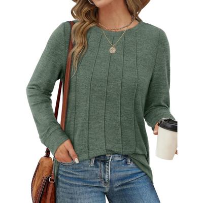 Podzimní Zimní Top s Dlouhým Rukávem a Kulatým Výstřihem Plisovaný Pletený Jednobarevný Volného Střihu Dámské Tričko