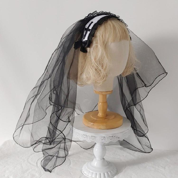 Black Mantilla Veil Crucifix Hairband Head Veil Church Mantilla Veil for Wedding Dark Series Cosplay Costume Headpiece