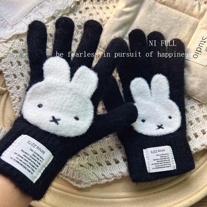 Miffy Rabbit sea salt blue bone girly gloves, cute plush and faux mink, warm split-finger gloves for women
