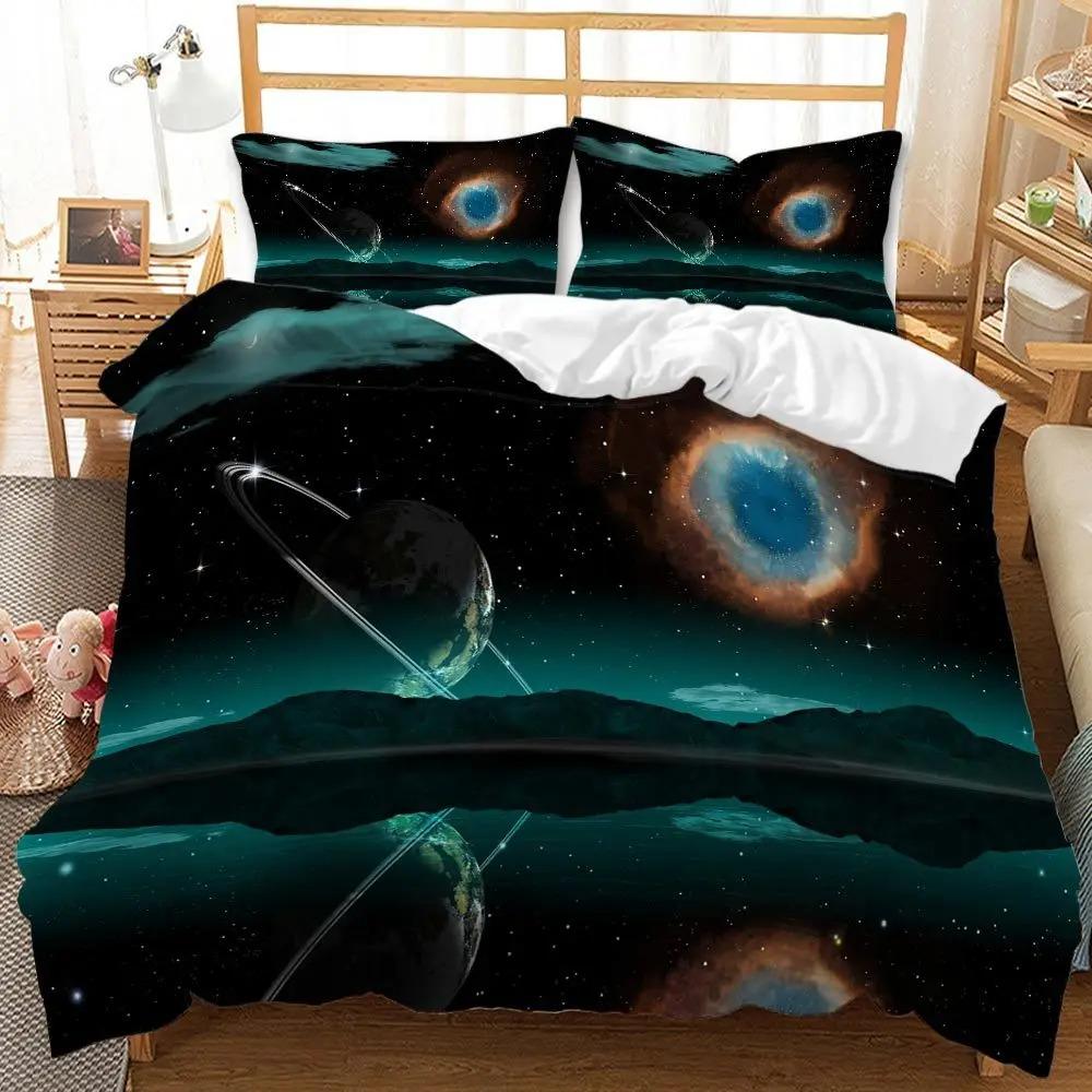 Space Galaxy Duvet Cover Set Polyester Comforter Cover With Pillowcase Queen Full King Twin Size For Kids Boys Girls Bedding Set