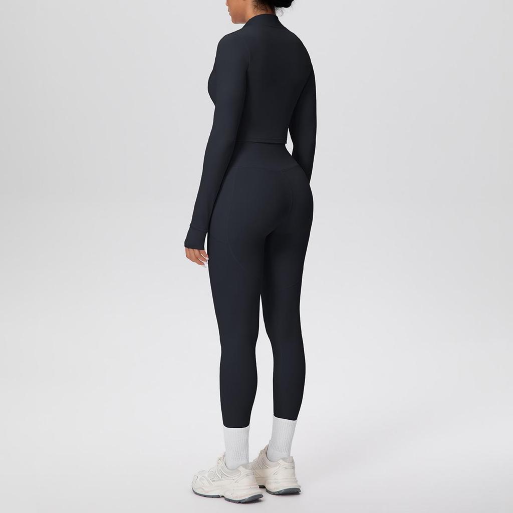 Zipper Crop Top Jacket & High-Waist Butt-Lifting Pocketed Pants Sports Set - Perfect for Yoga, Running, & Casual Fitness.