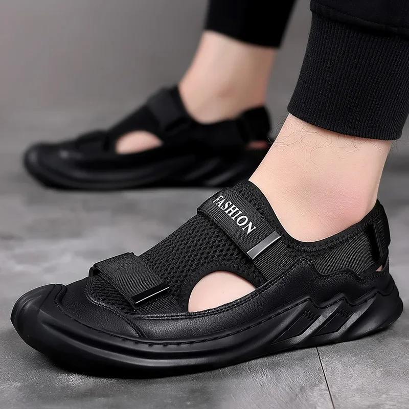 

Men s Sandals Summer Leather Breathable Mesh Sandals Outdoor Casual Portable Walking Shoes Non-slip Comfortable Black Beach Shoe 38 чорний