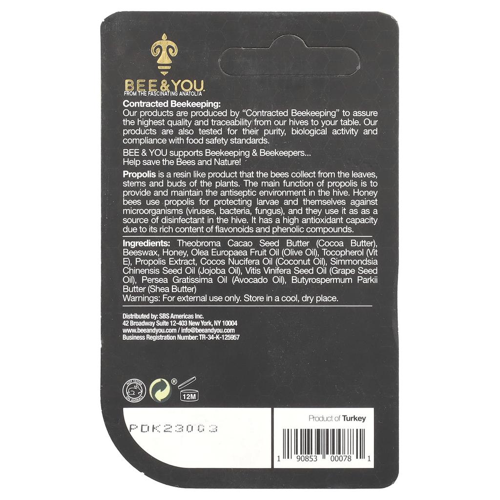 Bee & You, Propolis Raw Honey Lip Balm, 5G(0.17Oz)